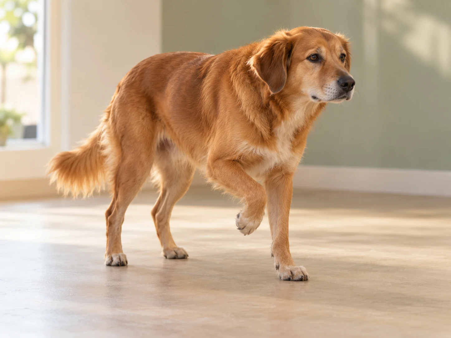 Imagem ilustrativa de um cachorro poupando uma pata dianteira ao caminhar