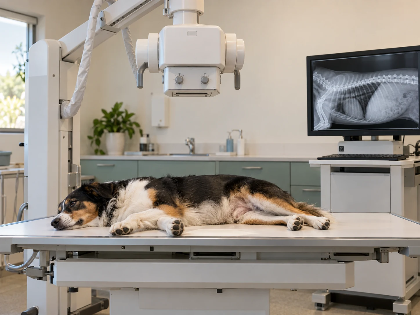 Imagem ilustrativa de um cão na mesa de raio-X veterinário, com aparelho e radiografia na tela